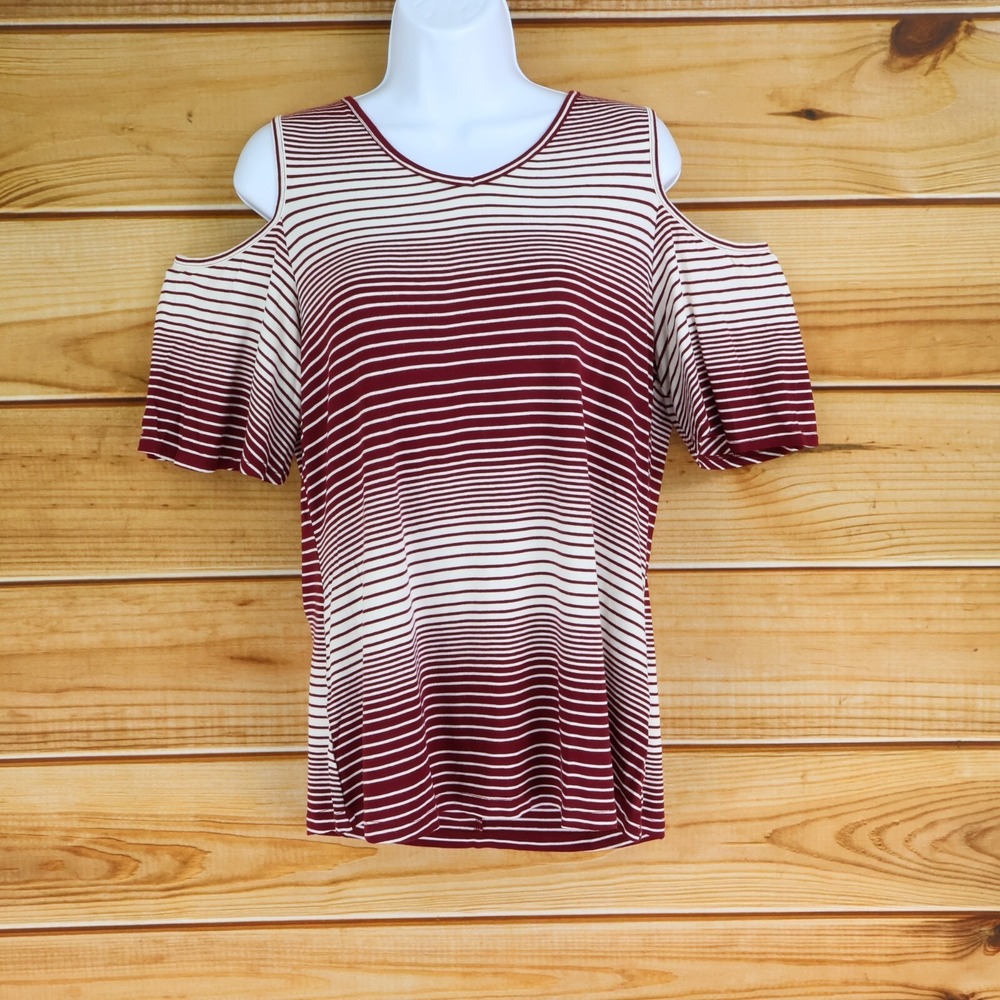 Christopher & Banks Blouse Womens Sz S Maroon Striped Lace Cold Shoulder Stretch
